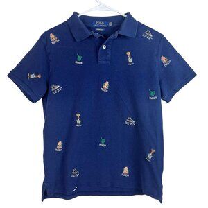 Polo Ralph Lauren Polo Shirt Mens Med Custom Slim Fit Navy Blue Embroidered Bear
